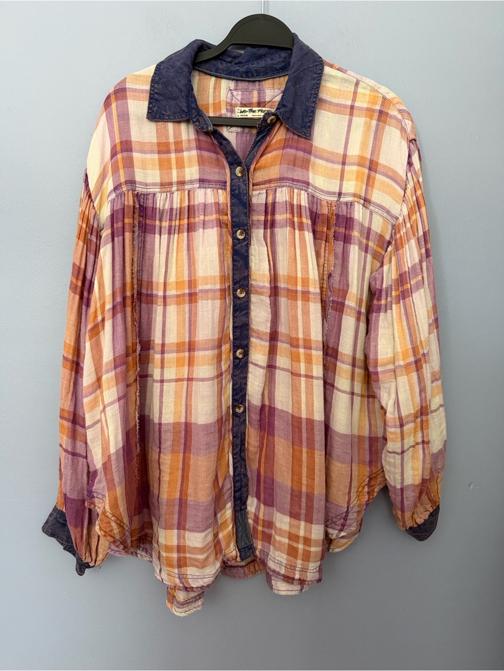 Free People Plaid Button-Front Top in Pink, Orange, Purple - Picture 2 of 13